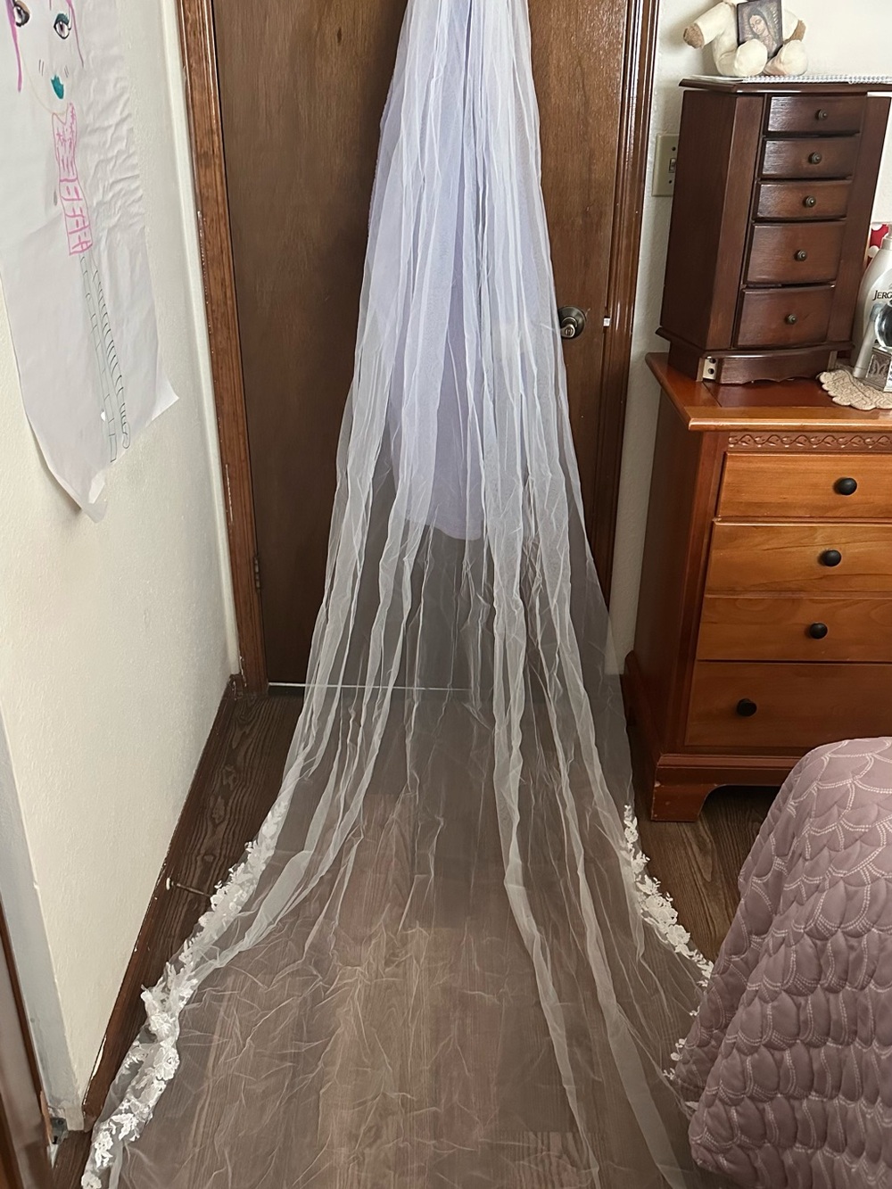 Cathedral Sheer White Bridal Veil with Floral Edge